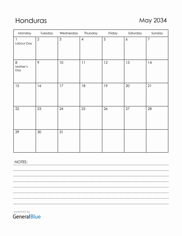 May 2034 Honduras Calendar with Holidays (Monday Start)