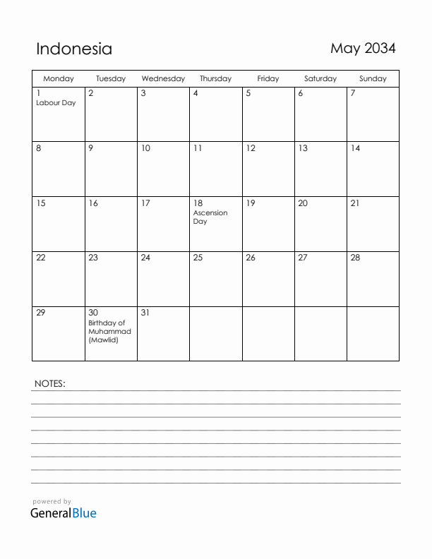 May 2034 Indonesia Calendar with Holidays (Monday Start)