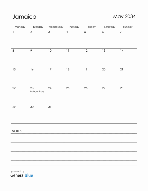 May 2034 Jamaica Calendar with Holidays (Monday Start)