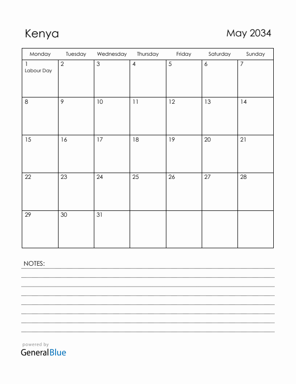 May 2034 Kenya Calendar with Holidays (Monday Start)