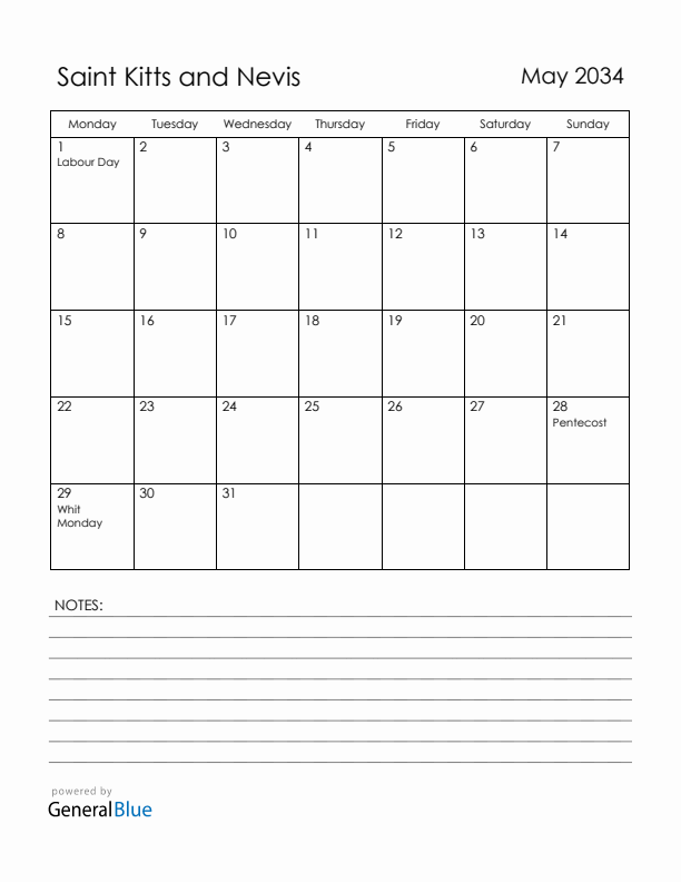 May 2034 Saint Kitts and Nevis Calendar with Holidays (Monday Start)