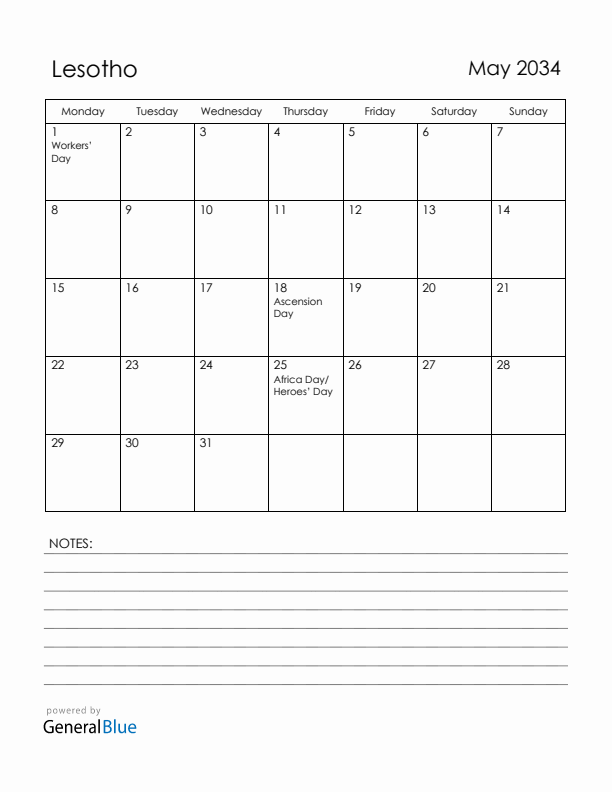 May 2034 Lesotho Calendar with Holidays (Monday Start)