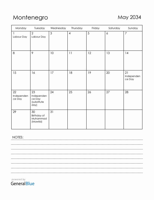 May 2034 Montenegro Calendar with Holidays (Monday Start)