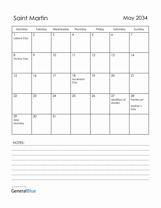 May 2034 Saint Martin Calendar with Holidays (Monday Start)