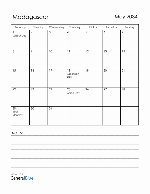 May 2034 Madagascar Calendar with Holidays (Monday Start)