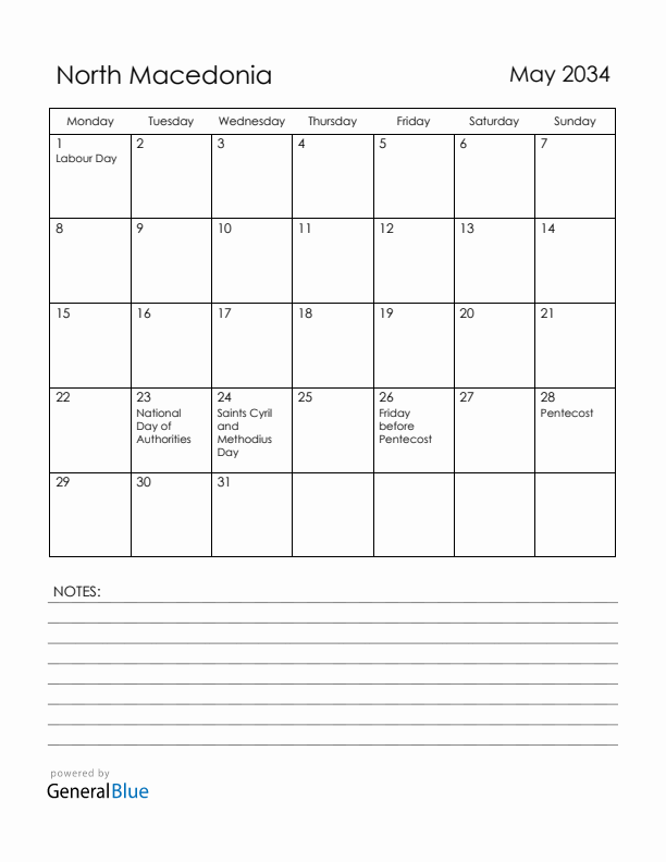 May 2034 North Macedonia Calendar with Holidays (Monday Start)