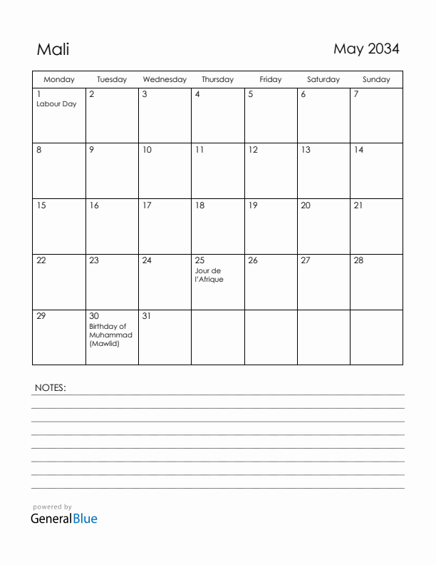 May 2034 Mali Calendar with Holidays (Monday Start)