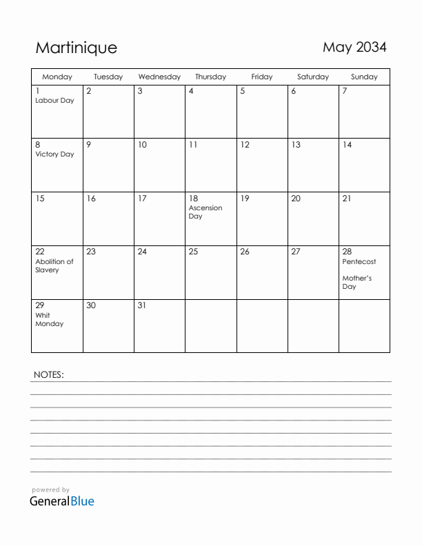 May 2034 Martinique Calendar with Holidays (Monday Start)