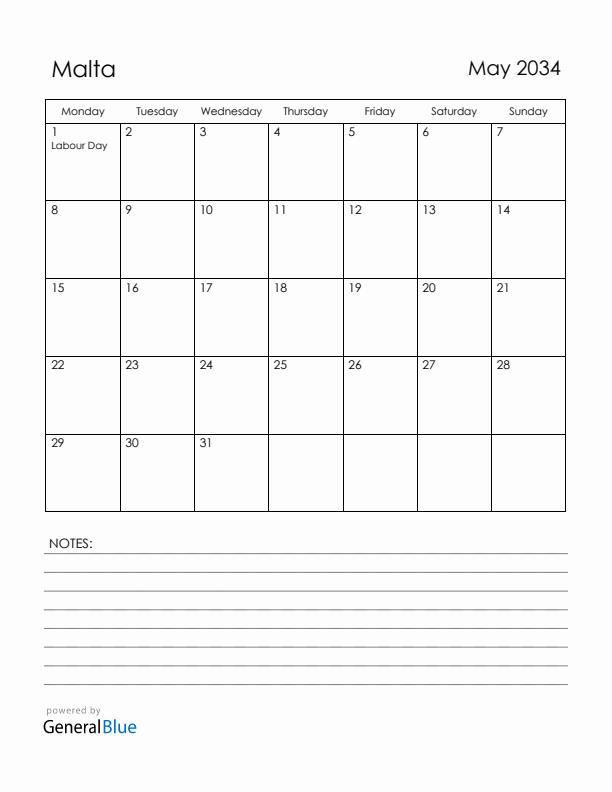 May 2034 Malta Calendar with Holidays (Monday Start)