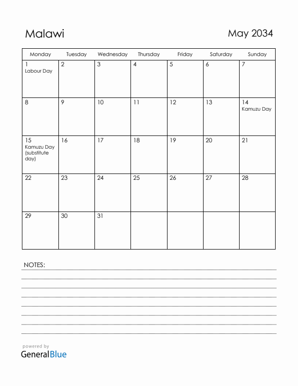 May 2034 Malawi Calendar with Holidays (Monday Start)