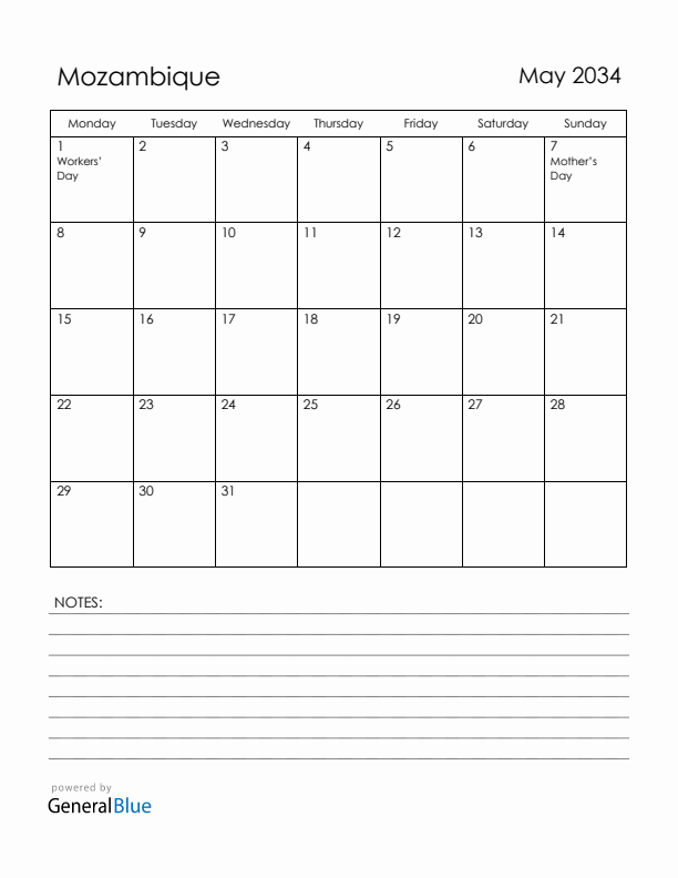 May 2034 Mozambique Calendar with Holidays (Monday Start)