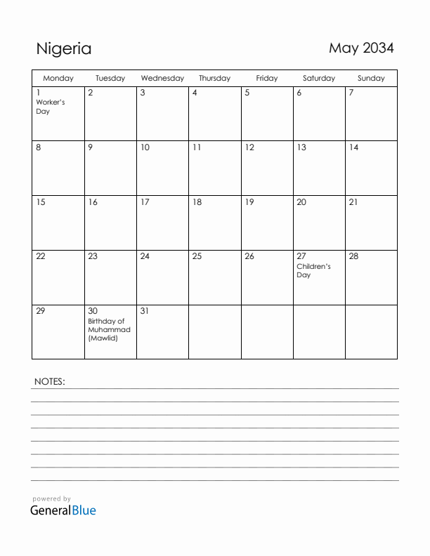 May 2034 Nigeria Calendar with Holidays (Monday Start)