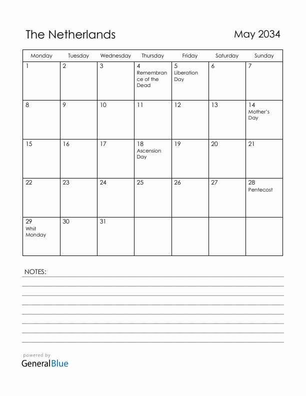 May 2034 The Netherlands Calendar with Holidays (Monday Start)