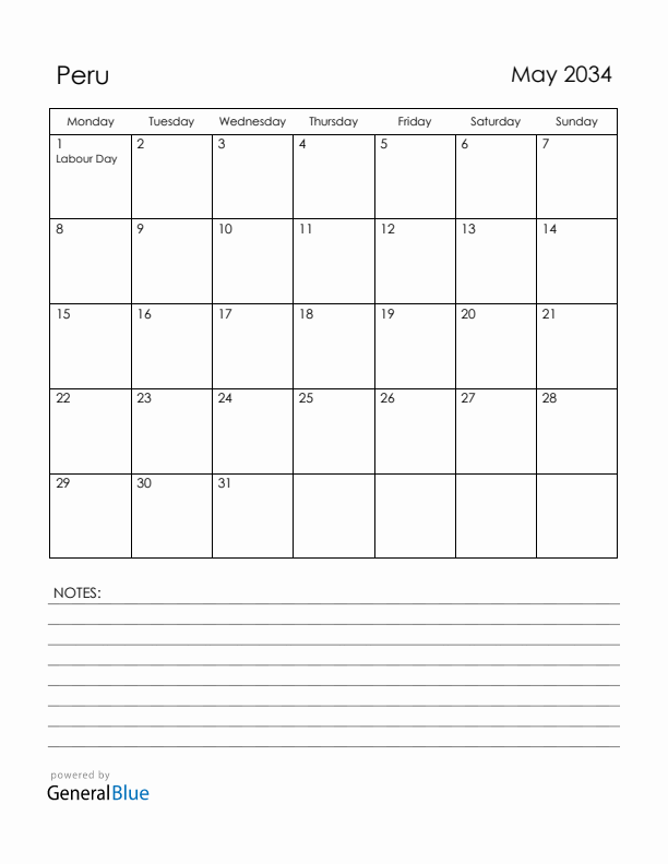 May 2034 Peru Calendar with Holidays (Monday Start)