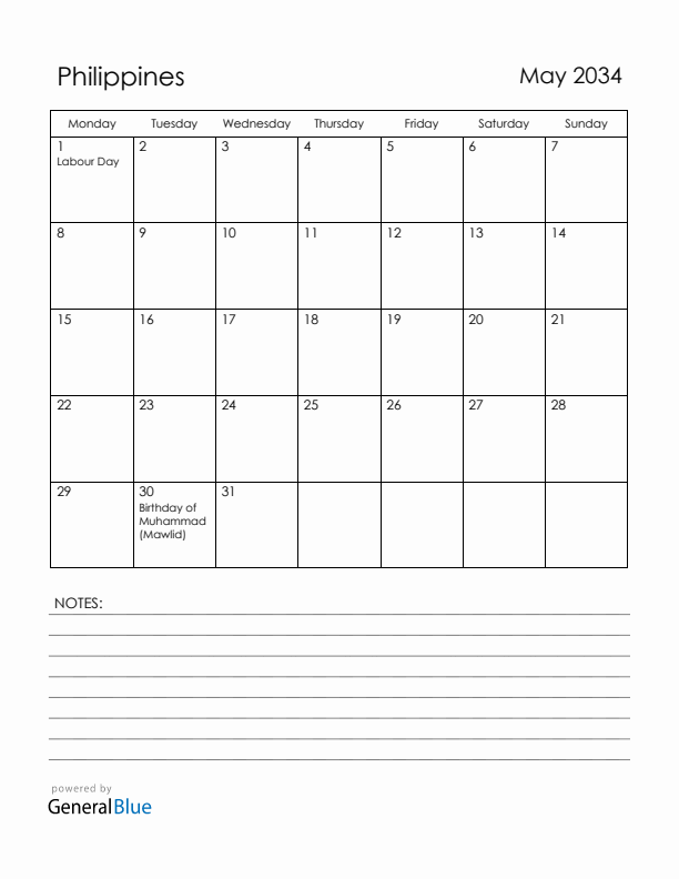 May 2034 Philippines Calendar with Holidays (Monday Start)