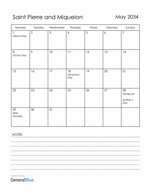 May 2034 Saint Pierre and Miquelon Calendar with Holidays (Monday Start)