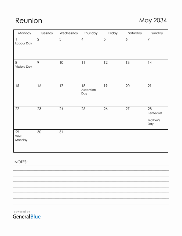 May 2034 Reunion Calendar with Holidays (Monday Start)