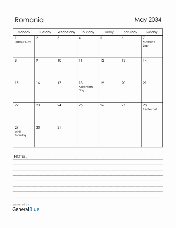 May 2034 Romania Calendar with Holidays (Monday Start)