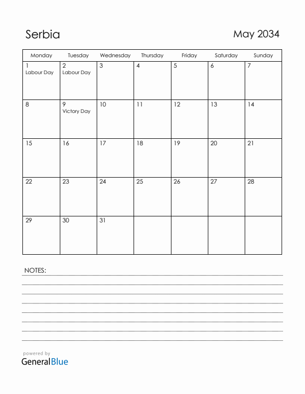 May 2034 Serbia Calendar with Holidays (Monday Start)