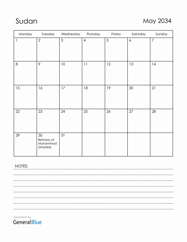 May 2034 Sudan Calendar with Holidays (Monday Start)