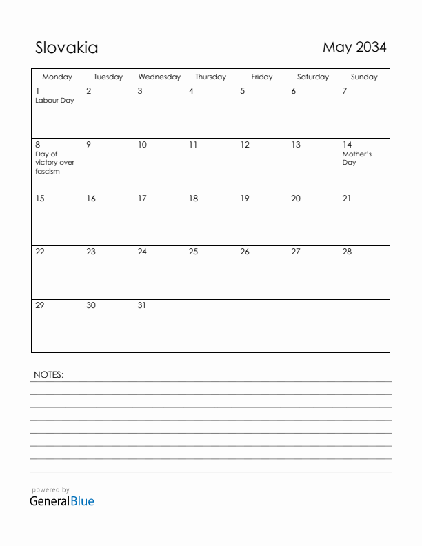 May 2034 Slovakia Calendar with Holidays (Monday Start)
