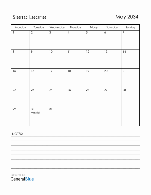 May 2034 Sierra Leone Calendar with Holidays (Monday Start)