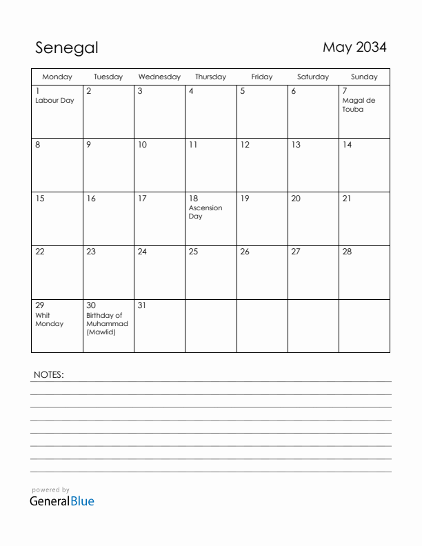 May 2034 Senegal Calendar with Holidays (Monday Start)
