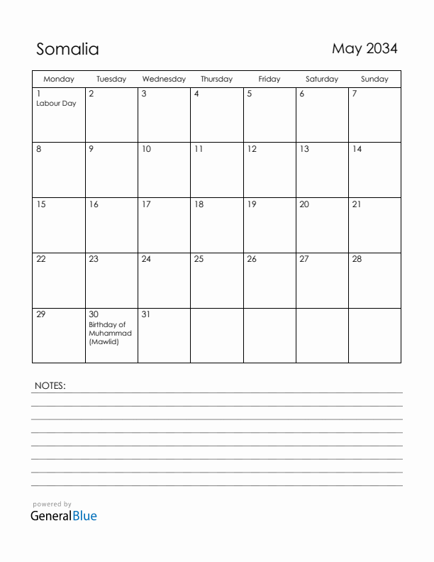 May 2034 Somalia Calendar with Holidays (Monday Start)