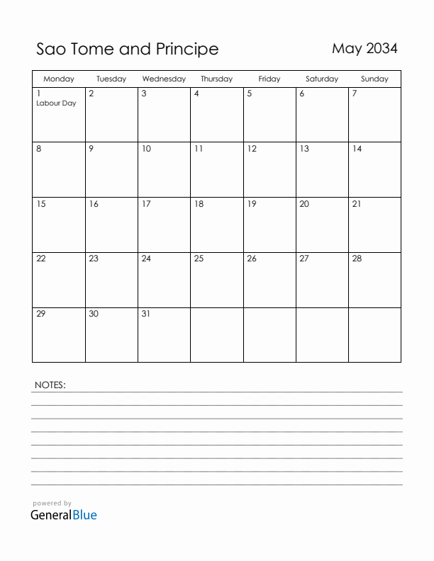 May 2034 Sao Tome and Principe Calendar with Holidays (Monday Start)