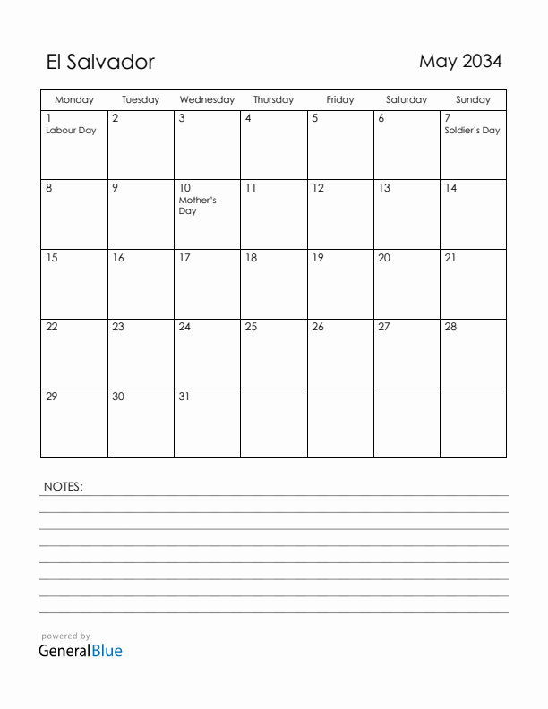 May 2034 El Salvador Calendar with Holidays (Monday Start)