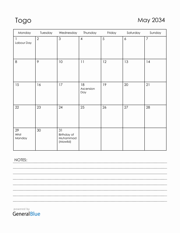 May 2034 Togo Calendar with Holidays (Monday Start)