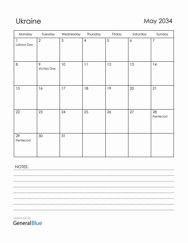 May 2034 Ukraine Calendar with Holidays (Monday Start)