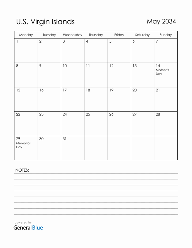 May 2034 U.S. Virgin Islands Calendar with Holidays (Monday Start)