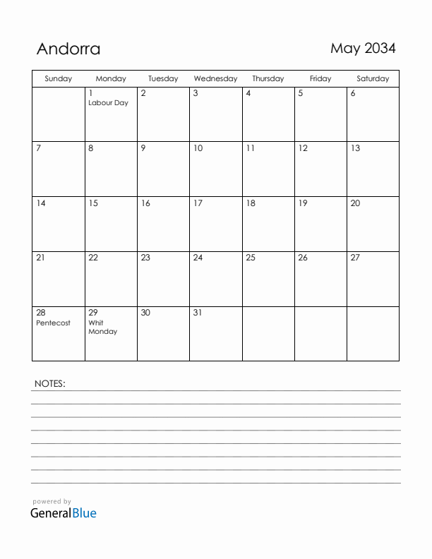 May 2034 Andorra Calendar with Holidays (Sunday Start)