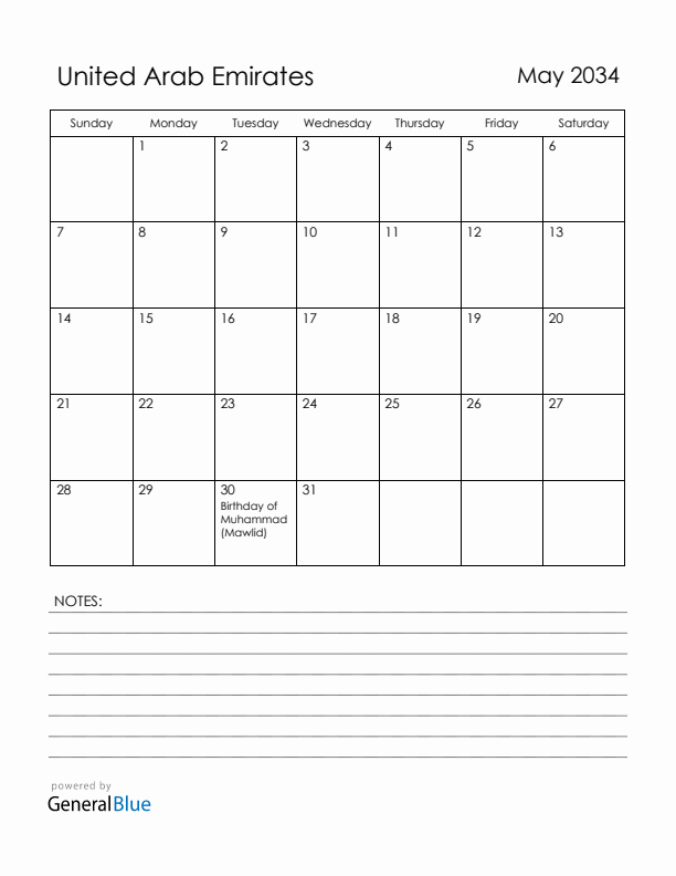 May 2034 United Arab Emirates Calendar with Holidays (Sunday Start)