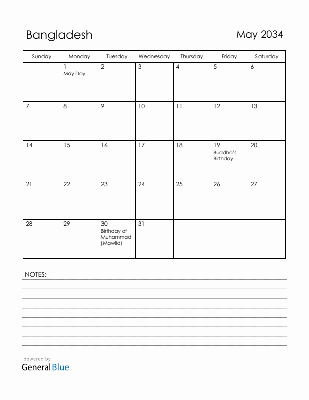 May 2034 Bangladesh Calendar with Holidays (Sunday Start)