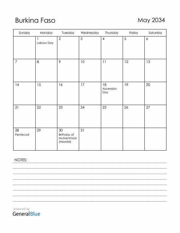 May 2034 Burkina Faso Calendar with Holidays (Sunday Start)
