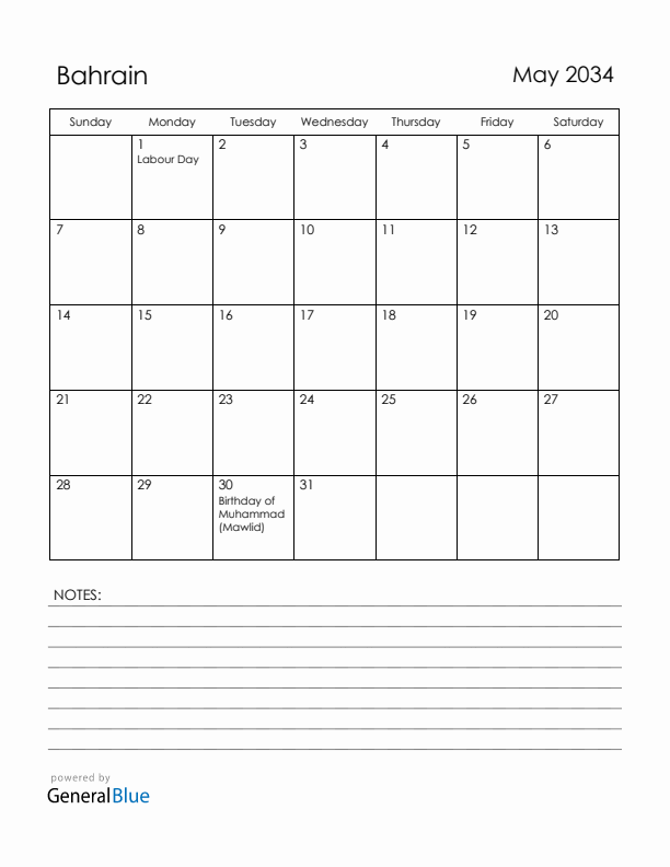 May 2034 Bahrain Calendar with Holidays (Sunday Start)