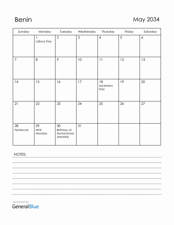 May 2034 Benin Calendar with Holidays (Sunday Start)