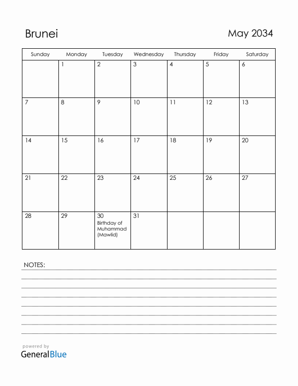 May 2034 Brunei Calendar with Holidays (Sunday Start)
