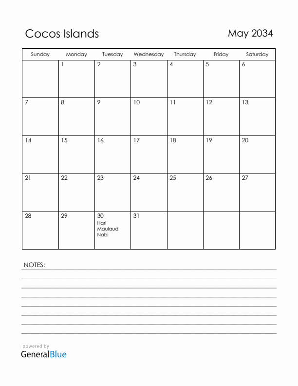 May 2034 Cocos Islands Calendar with Holidays (Sunday Start)