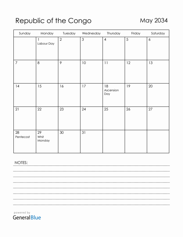 May 2034 Republic of the Congo Calendar with Holidays (Sunday Start)