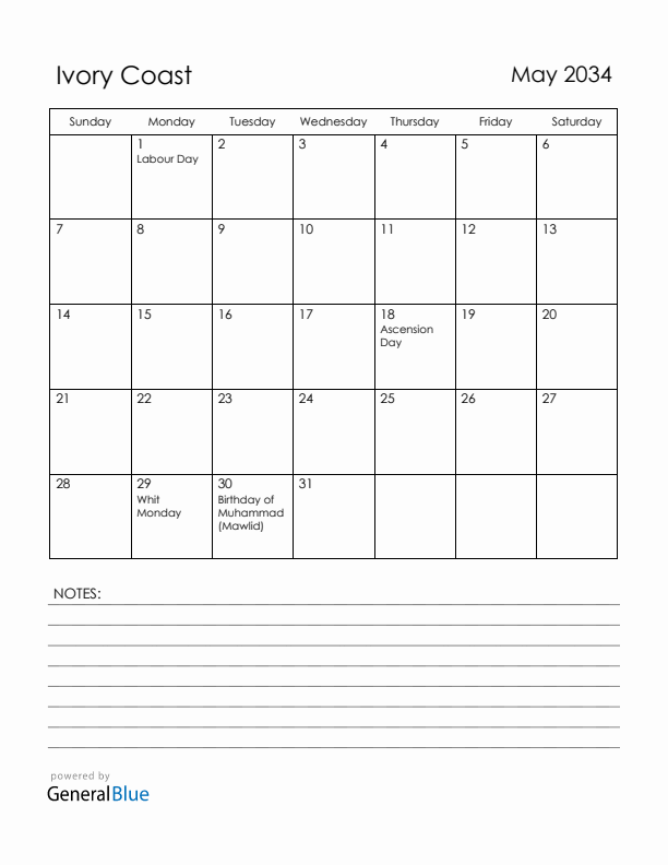 May 2034 Ivory Coast Calendar with Holidays (Sunday Start)