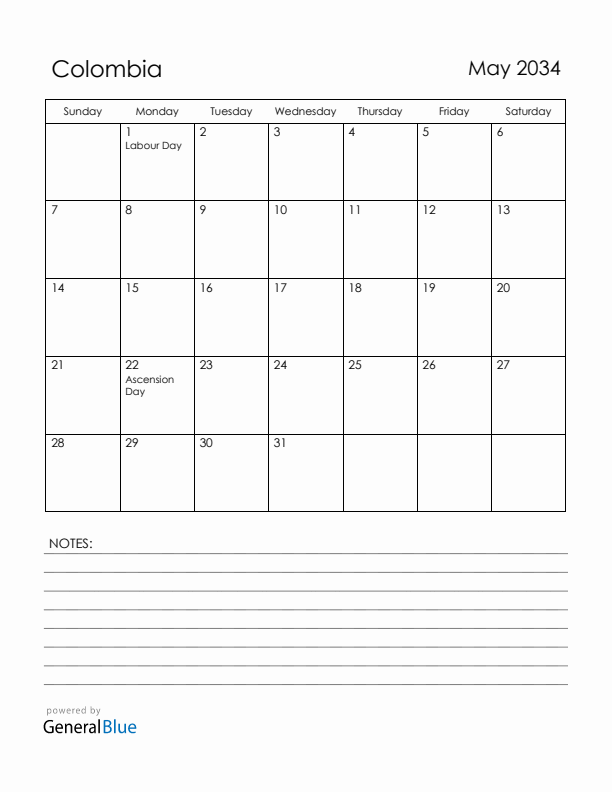 May 2034 Colombia Calendar with Holidays (Sunday Start)