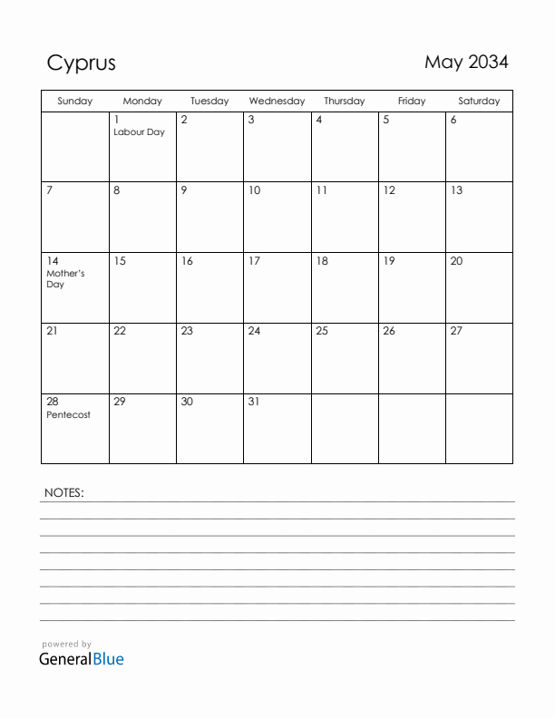 May 2034 Cyprus Calendar with Holidays (Sunday Start)