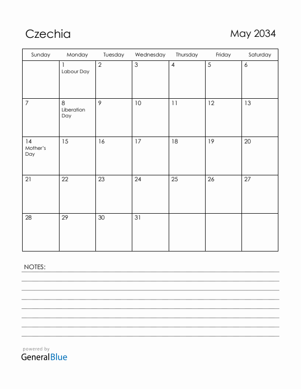 May 2034 Czechia Calendar with Holidays (Sunday Start)