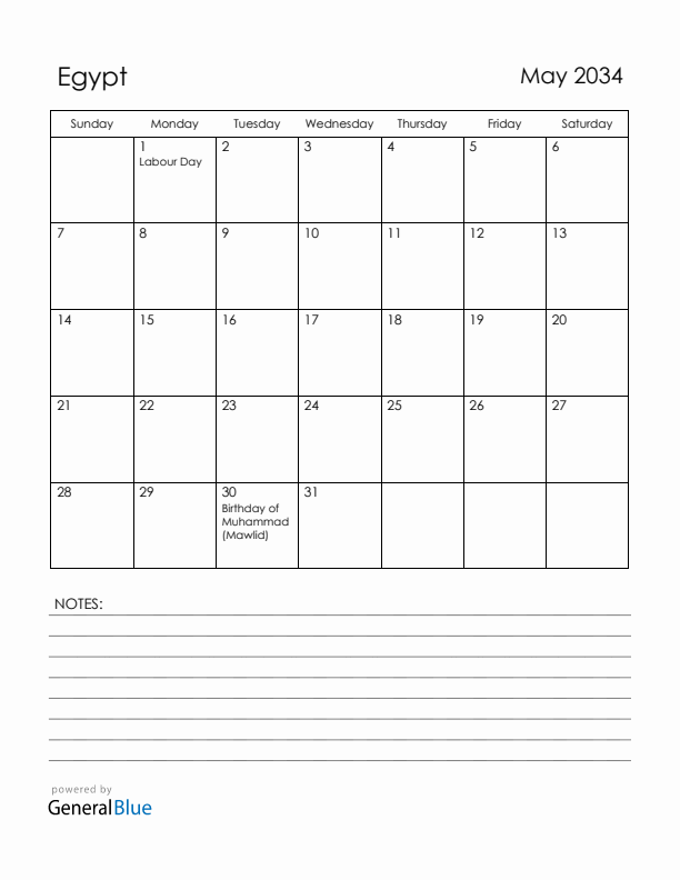 May 2034 Egypt Calendar with Holidays (Sunday Start)