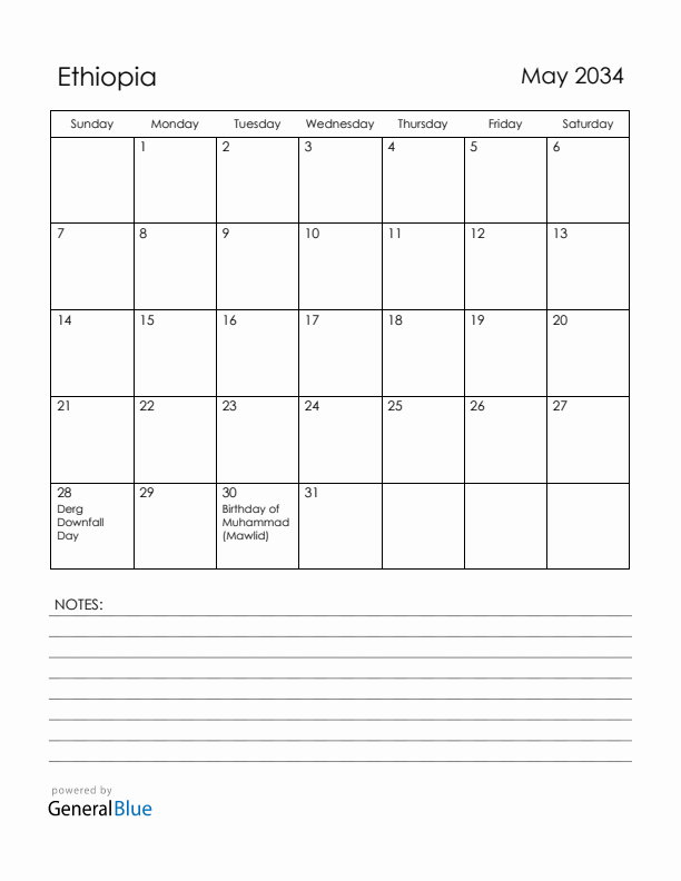 May 2034 Ethiopia Calendar with Holidays (Sunday Start)