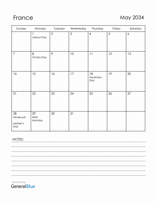 May 2034 France Calendar with Holidays (Sunday Start)