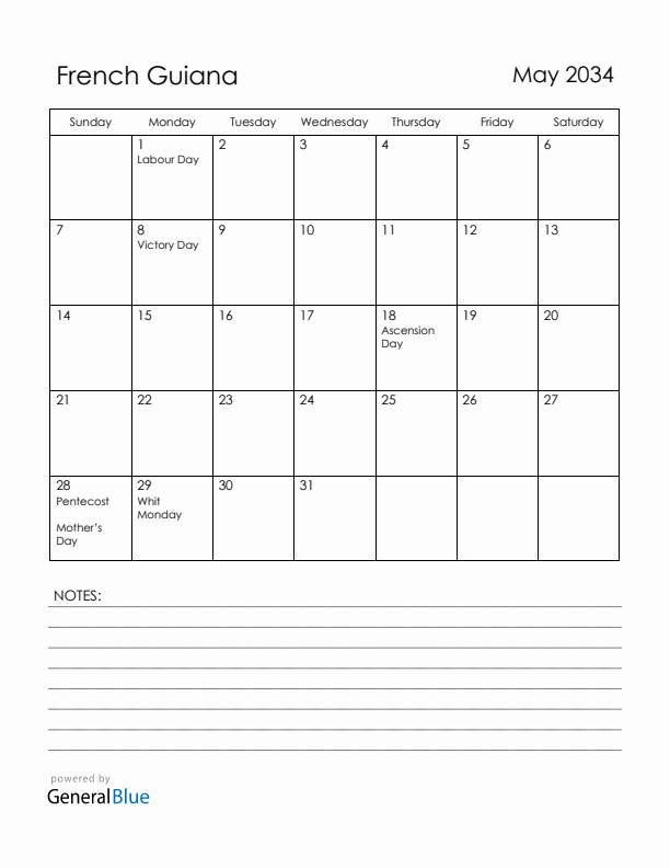 May 2034 French Guiana Calendar with Holidays (Sunday Start)